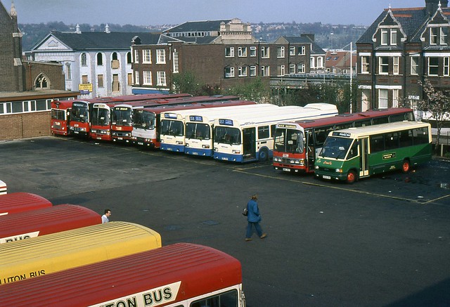 G224 VDX, Ipswich Buses Metrorider 224 with Luton & District vehicles at Luton, 22nd. April 1990.