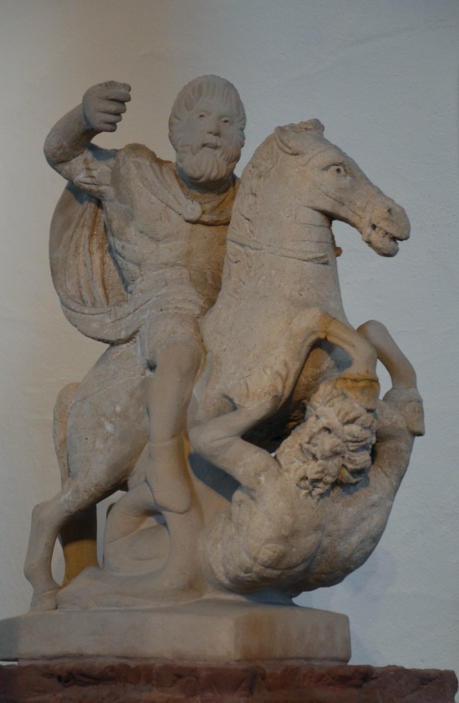 Jupiter on horseback slaying an anguiped giant, from the top of a Jupiter Column, found in Nida (Hedderheim), 2nd century AD, Archäologisches Museum Frankfurt, Germany