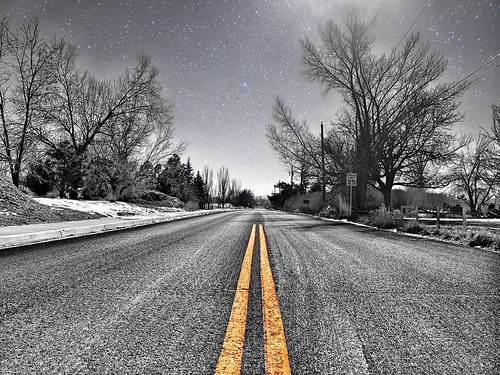 holisticpetcare ios iphoneography iphone4s reno nv nevada northernnevada road doubleyellowline perspective trees sky stars rural snow winter january 2013 blackandwhite bw yellow street pavement icamerahdr camera snapseed colorstrokes nightfx speedlimit landscape