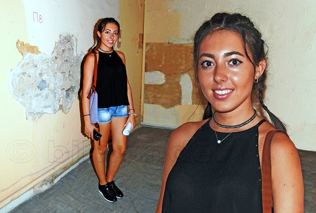 Greece.  Omonoia sq,  Athens Biennale, Bageion (derelict) building, Lena in smiling pose