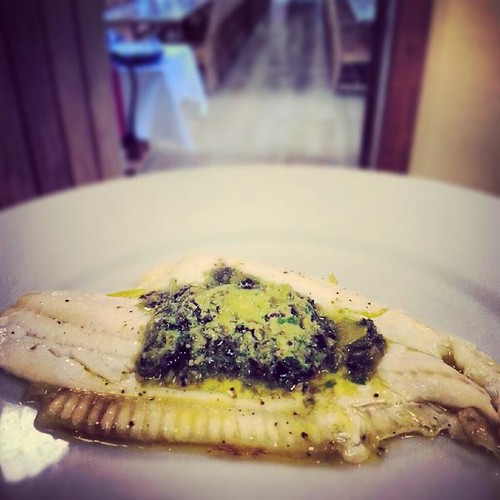 Plaice with lemon, olive, caper and spring onion butter