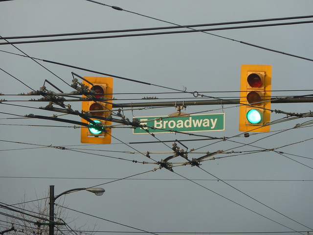 Green Light and Vancouver Trolley Wires on E. Broadway at Commercial Drive