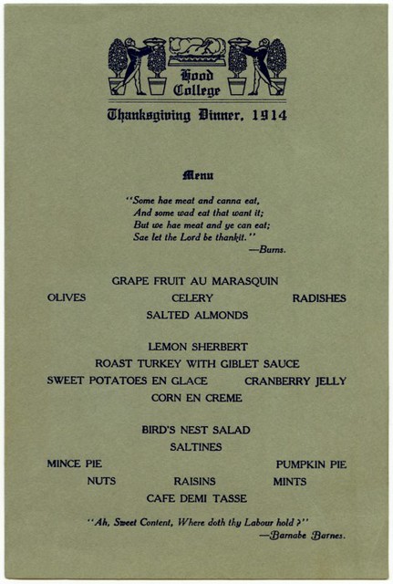 Thanksgiving Dinner Menu, Hood College, Frederick, Md., 1914