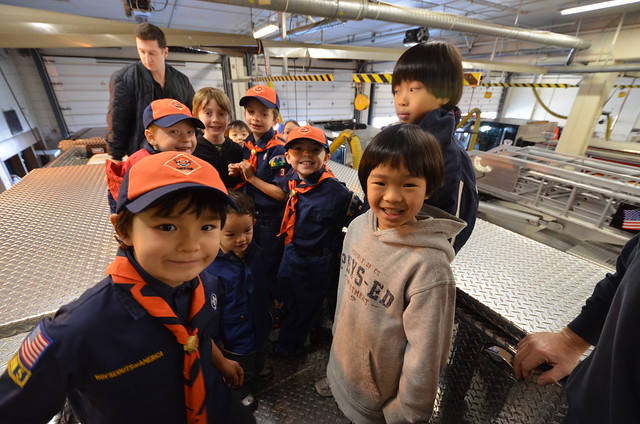 Somerville Cub Scouts Pack 3, Den 5 | Fire Station Visit | Kids on top of one of the fire trucks