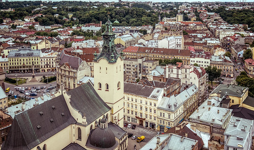 lviv roof roofs city cities street square overview panorama urban church temple car architecture historic ukraine tourism travel trees tower hall houses house