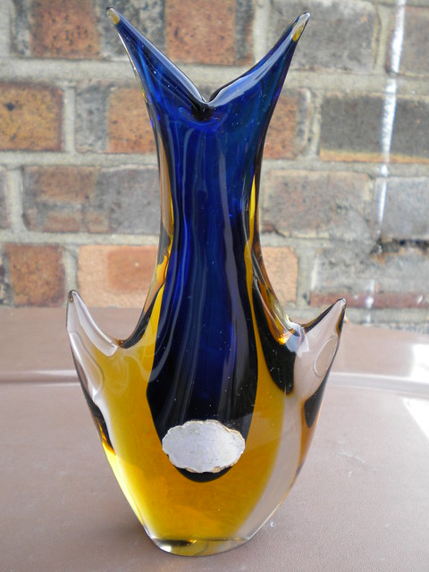 Stunning 1960's Mid Century Blue & Amber  Murano Sommerso Retro Cased Glass Vase