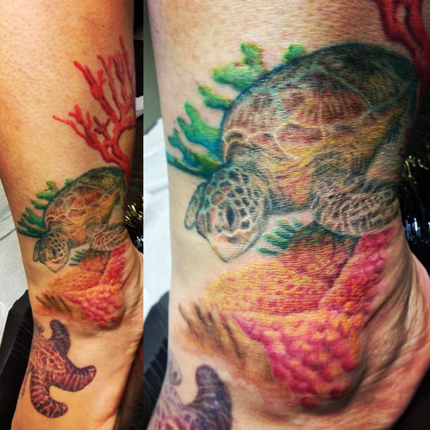 Sharon's coral reef leg! #coralreef #tattoodesign #tattoo …