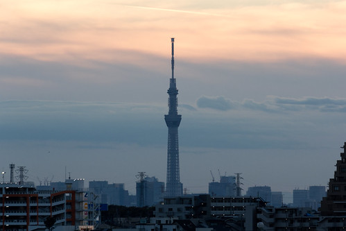Tokyo Sky Tree at Sunset Time (Matsudo, Chiba, Japan) by t-mizo, sunset japan architecture canon landscape view cloudy chiba 日本 tamron 夕暮れ magichour 建物 風景 lr lightro