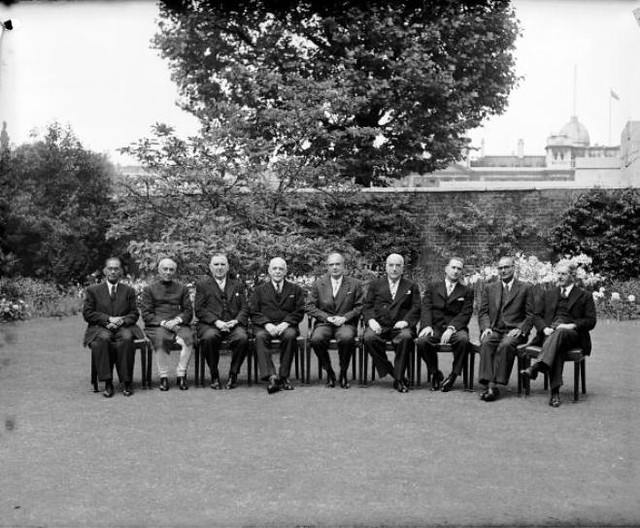 1956:  The prime ministers of the Commonwealth attend a meeting at Number 10, Downing Street, London