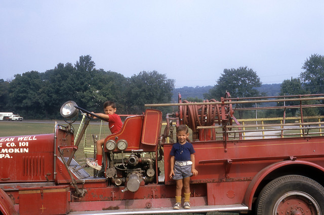 Tommy and Bobby on a vintage Shamokin, PA fire truck