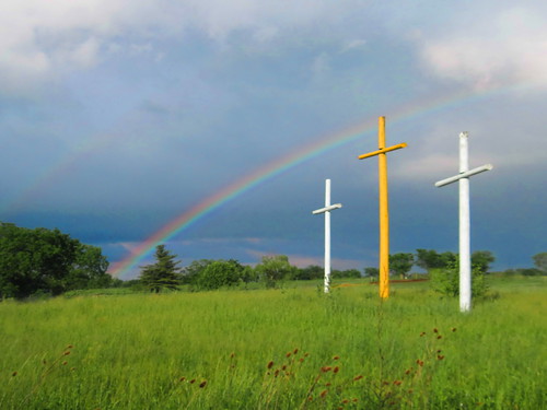 beautiful field rainbow cross jesus