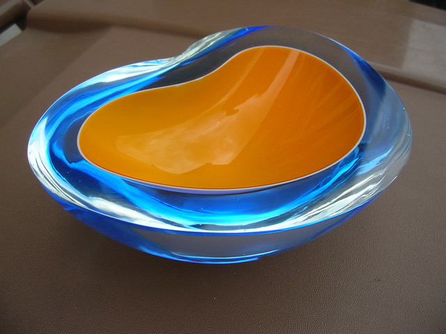 Stunning Blue & Yellow Murano Sommerso Cased Glass Geode Bowl