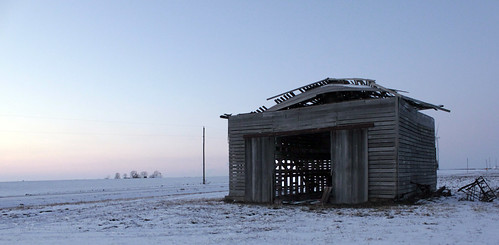 winter sunset sky barn shed collapsed