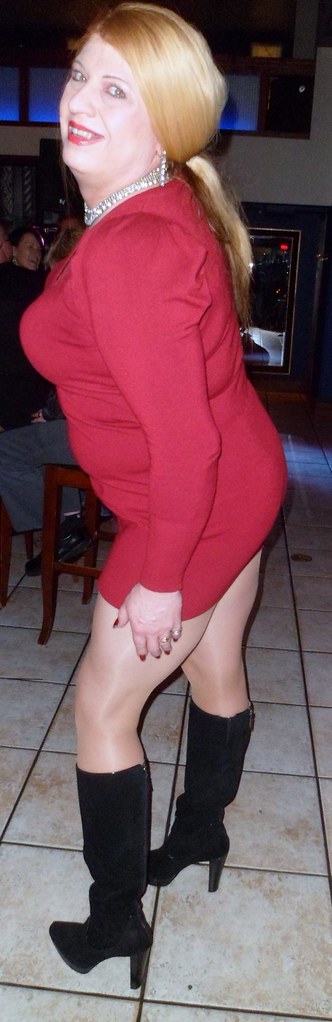 Red Mini Sweater dress with Suede Black Calvin Kline back Zip Boots