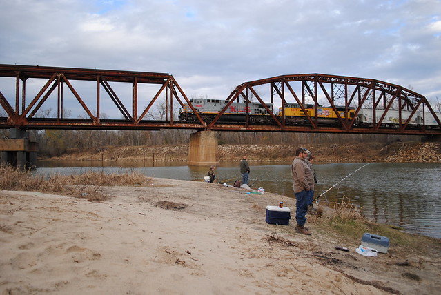 Fishing as KCS 4606 Crosses Trinity River on Union Pacific Railroad Bridge, Liberty, Texas  1301031610