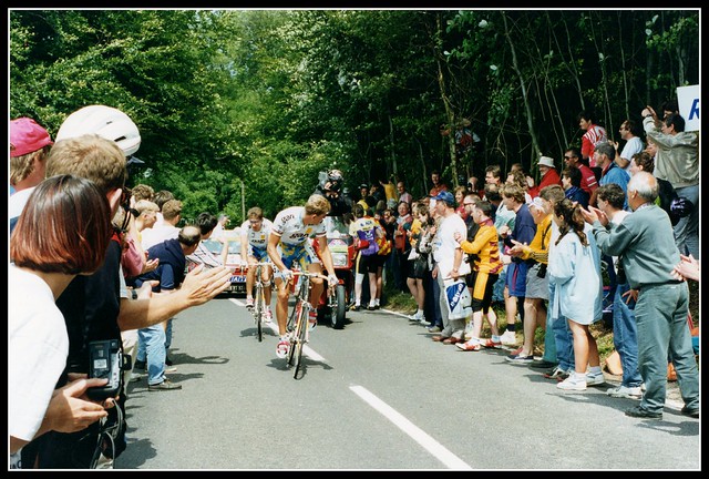 Tour de France 1994 - Team Gan tail enders at the top of the hill near South Harting - UK Stage 5 Portsmouth to Portsmouth