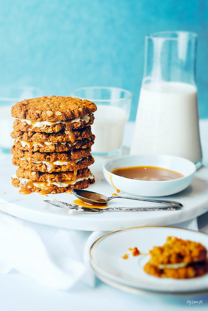 ANZAC biscuit and salted caramel sandwiches