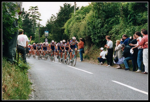 Tour de France 1994 - riders ( Race leader Flavio Vanzella in YELLOW jersey ) at Bishops Waltham. UK Stage 5 Portsmouth to Portsmouth .