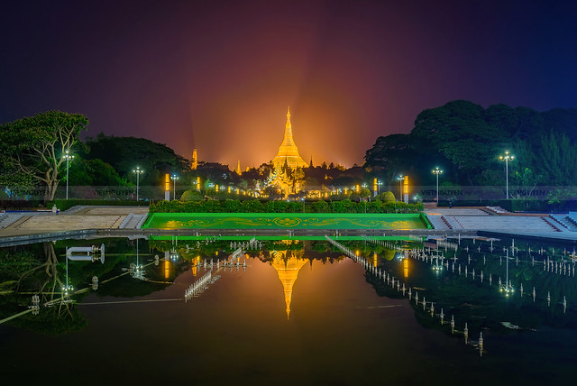 Yangon skyline at twilight with Shwedagon Pagoda in Myanmar
