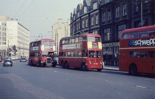 Early 1961 – London Transport family - RTW25 route 24 to Pimlico, Trolleybus 1290 route 627 to Waltham Cross (blind turned early).  The RM route 253 (once trolley route 653) to Warren Street.