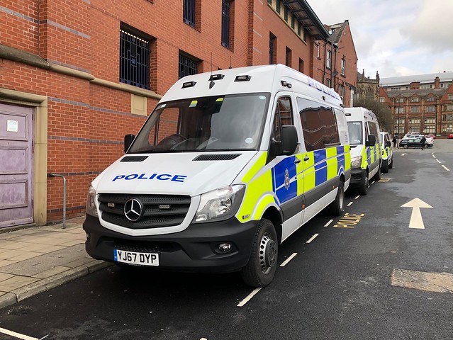 YJ67DYP Mercedes Benz Sprinter 516CDi Protected Personnel Carrier. Operated by West Yorkshire Police, seen in Leeds 24/03/2018