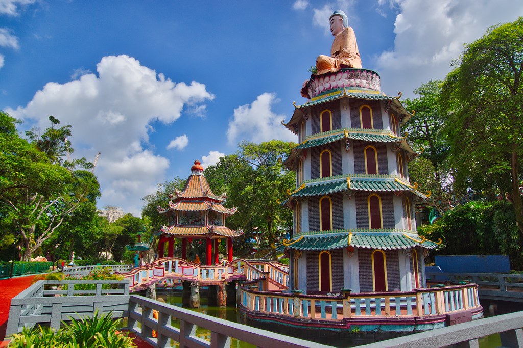 Chinese Pavilion and Pagoda with turtle pond at Haw Par Villa in Singapore