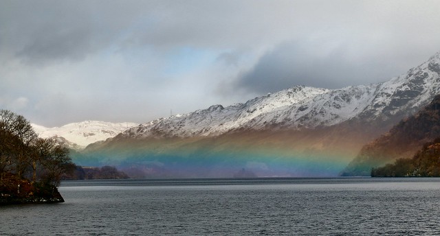 5th April 2018. Rainbow on Loch Lomond near Ardlui, Scotland