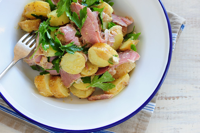 warm potato salad with ham