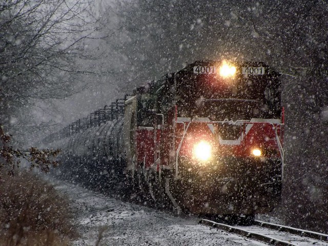 Snowing on the Ethanol Extra heading South into the Valley Yard