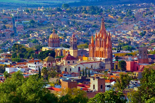 houses roof sunset church clouds lights colorful downtown cathedral dusk sanmigueldeallende birdseyeview mexico2012