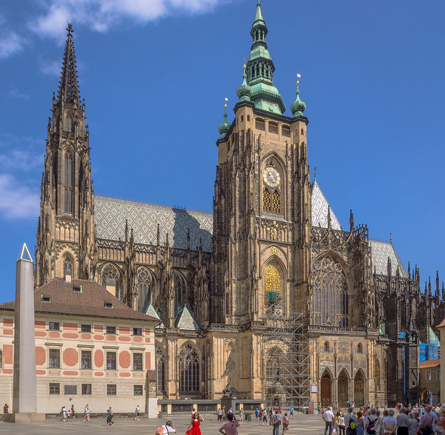 Building of St. Vitus' cathedral in Prague castle, the third on the site, was commenced  in 1344.  The main tower is 96.5 M high