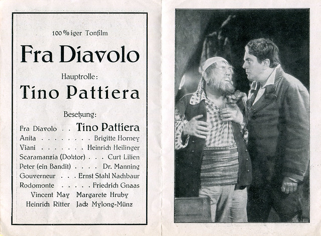 Besetzungsliste u. Bild aus dem Werbefalltblatt für den Film Fra Diavolo von 1931