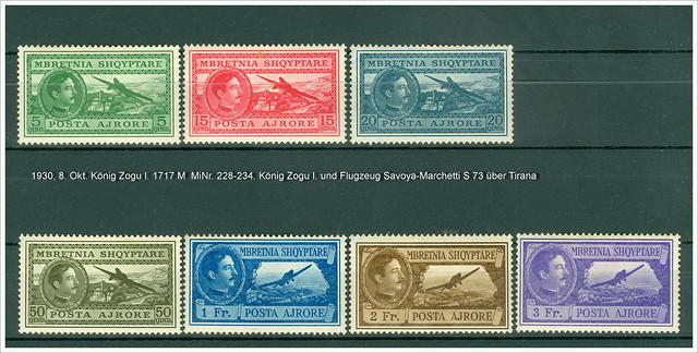 Albania MiNr. 228-234. König Zogu I. und Flugzeug Savoya-Marchetti S 73 über Tirana 1717 M