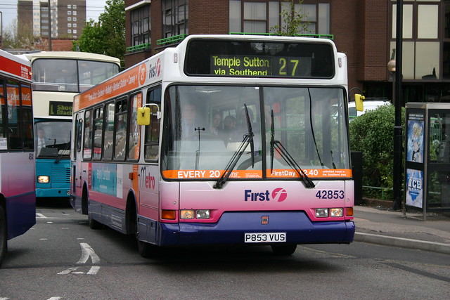 First Essex Dennis Dart 42853 (P853 VUS) with route 27 Metro branding