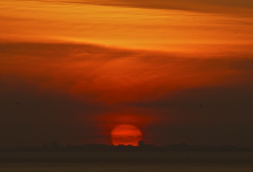 city sunset red orange cloud sun building set skyline ball fire cardiff outline