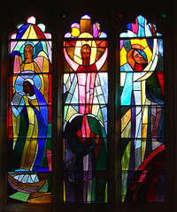 Resurrection flanked by, Mary at the Empty Tomb and Ascensionby Rosemary Rutherford, adapted by John Rutherford, 1975