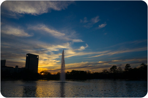 DSC07900 by mac_prv, park sunset sky colors clouds outdoors pond cityscape colours houston hermann