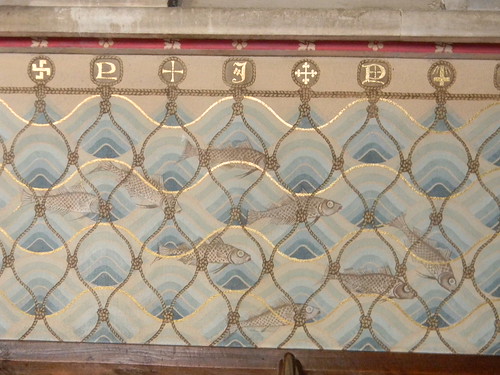 Interior, Hascombe Church Milford to Godalming This fishy frieze stretches round three sides. 