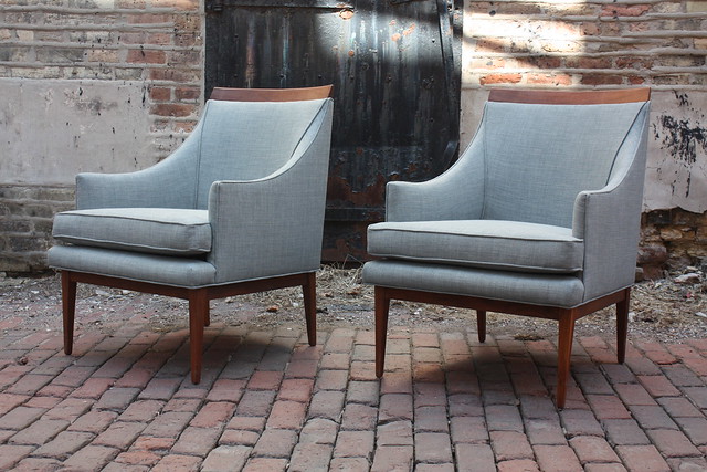 Pristine Pair!  Beautiful Mid Century Modern Slope Armed Lounge Chairs (U.S.A, 1950s)