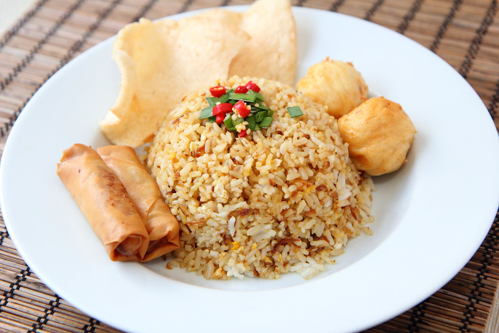 Fried Rice with Spring Roll, Squid Ball & Prawn Crackers | Flickr
