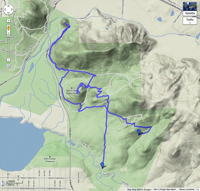 Google Maps view of Trail Hiked. Twenty hikers turned out for the 26 April 2013 TURRI ROAD TO TURTLE ROCK Workout Hike, Morro Bay, CA.