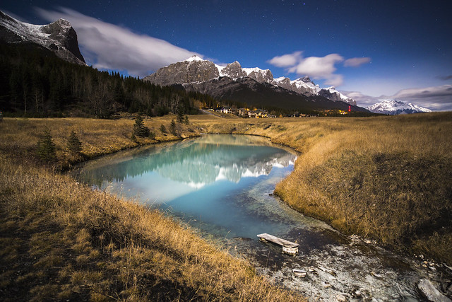 Mt. Rundle and Natural Spring under Moonlight