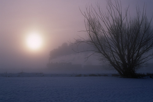 Fog, sunrise and steam by Moffat Road, Fog is lifting and the sun is finally cutting through the frigid, moisture-laden air in the Heber Va