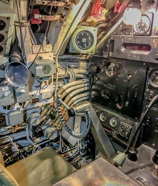 The helm position in the control room of  HMs Ocelot, an Oberon-class diesel-electric submarine built at Chatham Dockyard in 1962