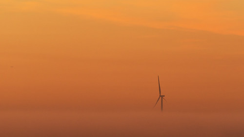 uk england northamptonshire nene valley addington chelveston wind turbine plane aeroplane mist misty fog foggy haze hazy sunrise sunup dawn morning daybreak