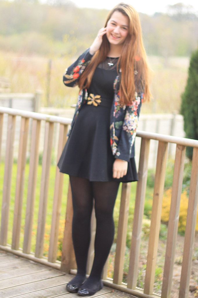 OOTD, outfit of the day, floral jacket, pinafore dress, black tights ...
