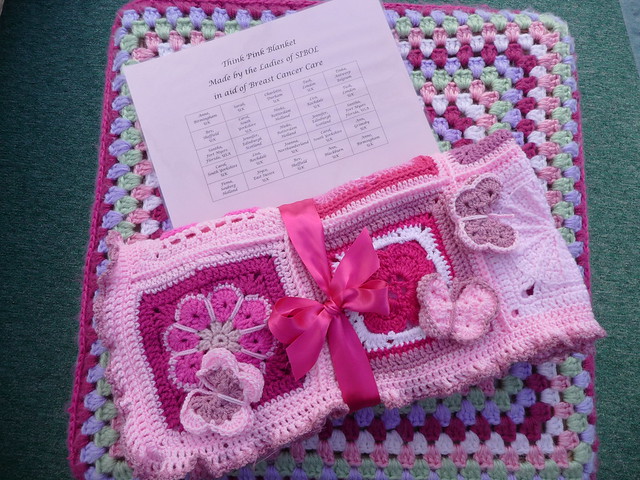 This blanket has been made to raise money for Breast Cancer Care. Assembled by Joanna.