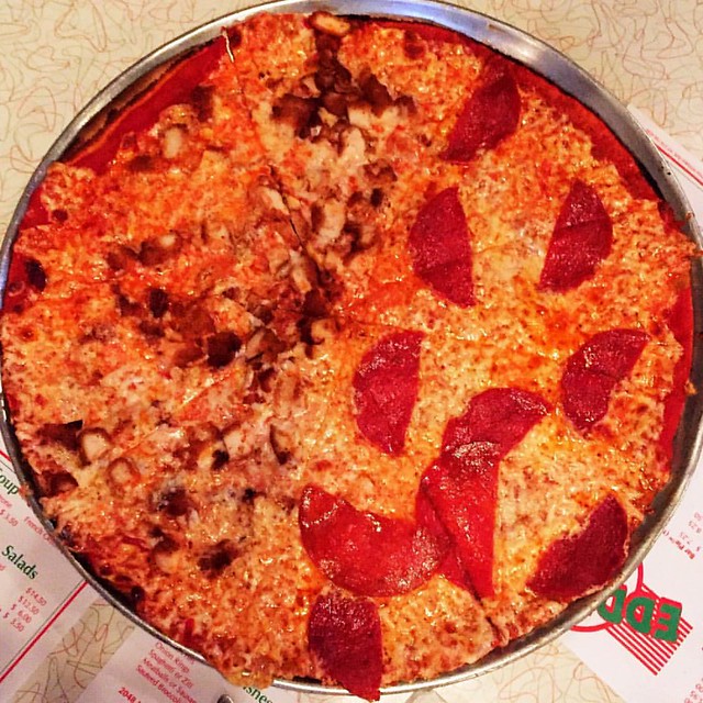 #another #great #pizza from @eddiespizza #toppings #breadedchicken #cutlet and #pepperoni #newhydepark #newhydeparkny #longisland #longislandny #newyork