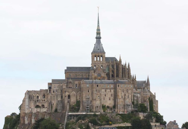 Le Mont Saint-Michel on the border between Normandy and Brittany with a monastry and village within its protective walls.