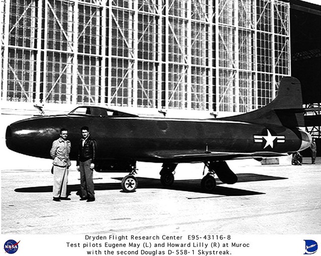 D-558-1 on ramp with research pilots Eugene May and Howard Lilly